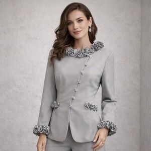 Louise Ricci Silver Gray Rhinestone Ruffle Church Career‎ Occasion Jacket 12